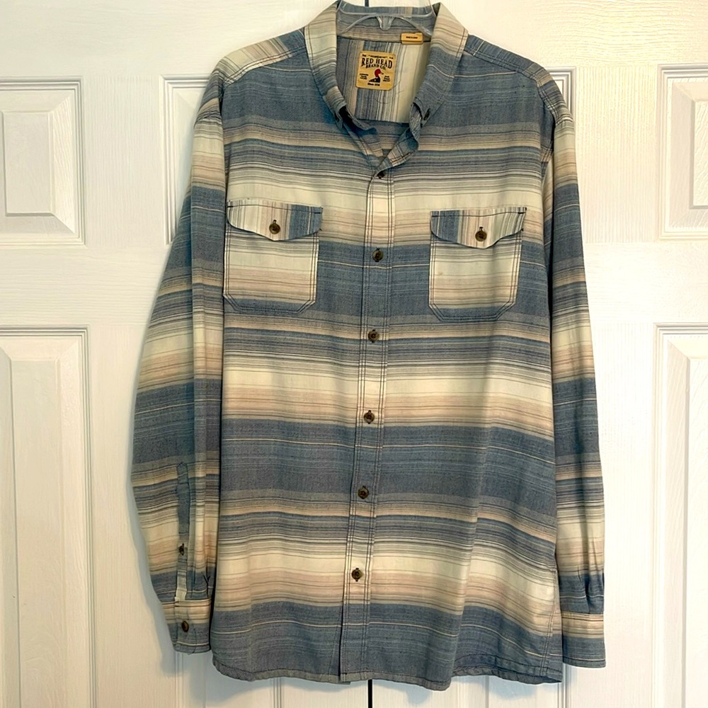 Men’s Redhead brand button down long sleeve shirt in blues and cream. Size XL